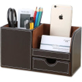Miniatyrbillede 1 af 5: Træstruktur Læder Multifunktionel Skrivebords Opbevaringsboks Pen/blyant, mobiltelefon, visitkort Fjernbetjening Holder Med Sm