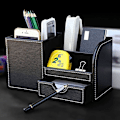 Miniatyrbillede 3 af 4: Træstruktur Læder Multifunktionelt Skrivebords Opbevaringsboks Pen/blyant, mobiltelefon, visitkort Fjernbetjening Holder Med Sm