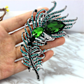 Miniatyrbillede 4 af 4: 4,2 tommer Stor Statement Sjal Hat Dekoration Grøn Fjer Pin Broche Sort Tone