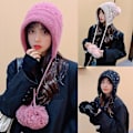 Pikkukuva 2 / 5: Lämmin Pompom-Helmi Hattu Neulotu Hattu Talvi Korvasuojain Hattu Virkattu Beanie Rose red