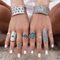 Miniatyrbillede 1 af 5: Boho Ringe Sæt Sølv Turkis Stabelbare Finger Ringe Justerbar Åben Ring Midi Størrelse Ringe Sæt Til Kvinder Og Piger 9stk