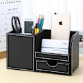 Miniatyrbillede 2 af 4: Træstruktur Læder Multifunktionelt Skrivebords Opbevaringsboks Pen/blyant, mobiltelefon, visitkort Fjernbetjening Holder Med Sm