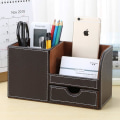 Miniatyrbillede 2 af 5: Træstruktur Læder Multifunktionel Skrivebords Opbevaringsboks Pen/blyant, mobiltelefon, visitkort Fjernbetjening Holder Med Sm