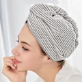 Miniatyrbillede 4 af 4: Hurtigtørrende Brusehat Bamboo Mikrofiber Hårhåndklæde Wrap Grå Stribet Hurtigtørrende Bruse Turban Hat