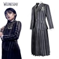 Miniatyrbilde 2 av 4: Kvinne Wednesday Addams Deluxe Kostyme Sett Nevermore Uniform Antrekk Parykker L with Wig