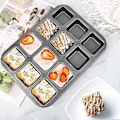 Miniatyrbillede 4 af 5: 1 sæt 12 kvadratiske hulrum mini kage non-stick bage kulstofstål bageform kage brødform 3x4 individuel skæremaskine pladebakke