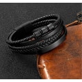 Miniatyrbillede 3 af 5: Sort læderarmbånd til mænd, flettet ægte læder bredt armbånd med magnetlås 21m