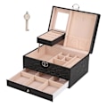 Miniatyrbillede 1 af 5: Husholdnings Smykke Opbevaringsboks Vandtæt PU Læder Smykke Etui Dobbelt Lag Opdeling Stor Kapacitet Ornament Organizer Sort