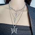 Miniatyrbillede 3 af 5: Lagdelt Chunky Kæde Choker Toggle Halskæde Smykkesæt Lagdelt Butterfly Kors Engel Vedhæng Statement Halskæde