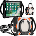 Miniatyrbilde 2 av 5: Nytt kattedesign deksel for iPad Mini 1/2/3/4/5 med skulderstropp, to håndtak, 360 roterende stativ, støtsikker design（svart oransje）