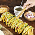 Miniatyrbilde 5 av 5: Bambus Taco-brett med plass til 8, Taco Shell-holder tillater flerbruks matbrett Charcuterie-brett（gul)