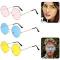 Pikkukuva 2 / 5: Pyöreät aurinkolasit Retro Hippie Pyöreät Värilliset Lasit Siniset Pinkit Keltaiset Linssit 3 Paria, Värilliset Aurinkolasit (Pinkki+Keltainen+Sininen 3 Kpl)