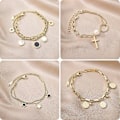 Miniatyrbillede 2 af 5: Rustfrit stål lagdelt gyldent vedhæng armbånd til kvinder Retro Punk gotisk portræt skal mønt kors perle tyk kæde armbånd（7）