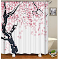 Miniatyrbillede 1 af 5: Blomster bruseforhæng, 180 cm x 200 cm, pink sort, kirsebærblomst træ, stof badeværelse indretning sæt wit