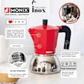 Miniatyrbillede 2 af 6: MONIX induktion rustfrit stål | Italiensk kaffemaskine i aluminium og rustfrit stål, 3 kopper, varmebestandigt håndtag, let at Röd