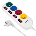 Pikkukuva 1 / 4: Maclean MCE229 W sähkötulo monipistorasia, 4 pistoketta + 2xUSB, kytkimillä, 250VAC-10A, 2,1A 5V, 1,5m, valkoinen