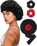 Satin Bonnet för Sömn Kvinnor Dubbellager Hårmössa med 2 st Hårsnoddar Elastiskt Band Nattmössa black
