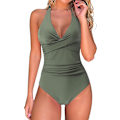 Miniatyrbillede 1 af 6: Badedragt Kvinder Mavekontrol Push Up Badedragt Halter V-hals Polstret Heldragt green 2XL