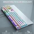 Miniatyrbilde 3 av 7: Skrivemaskin-stil mekanisk gaming-tastatur med blå brytere, med avtagbar håndleddstøtte, mediekontrollknapp, regnbuebakgrunnsbelysning, retro punk runde taster WHITE