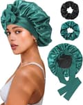 Satin Bonnet för Sömn Kvinnor Dubbellager Hårmössa med 2 st Hårsnoddar Elastiskt Band Nattmössa Dark Green+black