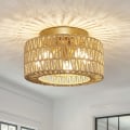 Miniatyrbilde 1 av 5: Rattan takmontert lys, 3 lys Boho takmontert taklys, håndvevd burlampe belysning, rustikk rotting lysekrone  (gull)