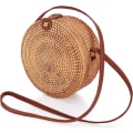 Miniatyrbild 1 av 5: Rund rottingväska, bohemisk rottingväska handgjord rund vävd väska för kvinnor sommar strandväska klassisk rotting axelväska chic halm crossbody väska