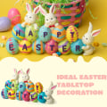 Pikkukuva 3 / 4: Pääsiäispupun porkkanoiden keskipistekoriste, jossa on sana Spring Tabletop Bunny & Egg Easter -hahmo kodin ja toimiston sisustukseen