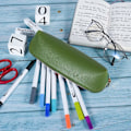 Miniatyrbillede 2 af 5: Læder Penneætui Slank Design Pennepose med Metal Zipper Lommestørrelse til eller Studerende Kontor College Mellemskole
