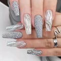 Miniatyrbild 1 av 5: 24 st marmor falska naglar långa, grå glitter tryck på nageldesigner, medium ballerina stick på naglar för kvinnor, akryl kista franska falska naglar