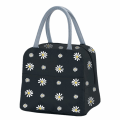 Miniatyrbillede 1 af 5: Isoleret frokostpose, bærbar termisk frokostpose køletaske Daisy mønster frokostboks arrangør tote taske arbejde skole picnic camping rejse (sort)