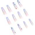 Miniatyrbillede 3 af 5: Blå Gradient Tryk på Negle 24PCS Ekstra Lange Rhinestone Falske Negle Blanke Hjerte Falske Negle Fuld Dækning Design Negle til Kvinder Daglig Dating Dekoration Blue