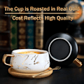 Miniatyrbillede 3 af 5: Pieces Cappuccino Kopper med Underkop, Marmorkop, 300ml Porcelæn Espresso Kopper til Te Kaffe Cappuccino, Kaffe Kopper med Træskive (Sort*2)