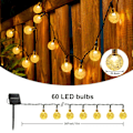 Pikkukuva 2 / 5: Aurinkokennovalot ulkokäyttöön, 9m 60 LED aurinkokäyttöiset valosarjat, 8 tilaa, IP65 vedenpitävä, puutarhaan, patiolle, häihin, juhliin ja koristeluun (Lämmin valkoinen)