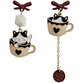 Miniatyrbild 1 av 5: Asymmetriska Örhängen med Katt och Kopp för Kvinnor Flickor 925 Sterling Silver Stift Svart Vit Emalj Kaffe Te Katt Hängande Örhängen