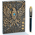 Miniatyrbillede 1 af 6: Præget læderjournal Skrive notesbog Rejsedagbog at skrive i, Phoenix gave til mænd og kvinder, med gylden klassisk pen, (Bronze) Bronze 8.4x5.7In