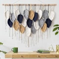 Miniatyrbild 5 av 5: Macrame Väggbonad Stor Gobeläng Vävd Väggbonad Boho Macrame Blad Väggdekoration Fjäder Chic Vävd Konst White-navy-khaki-gray