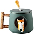 Pikkukuva 1 / 5: 3D Söpö Koirakahvimuki Keraamiset Teekupit Kannella ja Lusikalla Sarjakuva Shiba Inu Kuppi Upotettu Eläin Ulkopuolella Aamumuki 420ML Dark green
