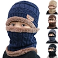 Miniatyrbillede 2 af 5: Børne vinter varm strikket solid ski hue halstørklæde Black
