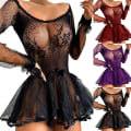 Miniatyrbild 1 av 5: Dam genomskinlig spets Babydoll Sexig Miniklänning Sovkläder Underkläder Underkläder Black 2XL