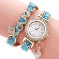 Miniatyrbillede 1 af 6: Kvindes Armbåndsur Dame Kærlighed Læderrem Rhinestone Kvartsur Sky Blue