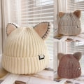 Pikkukuva 4 / 5: Kawaii Kattöron Mössa Söt Solid Färg Varm Ull Stickad Mössa Höst Vinter Beanies Beige