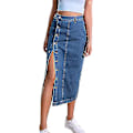 Miniatyrbillede 2 af 5: Kvindes Casual Højtaljet Solid Button Up Denim Jean Skjørt Blå L Blue