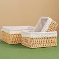 Miniatyrbillede 5 af 5: Sæt med 3 kurve i rotting, små rektangulære kurve i rotting med lærred