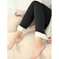 Miniatyrbild 4 av 4: Heltäckande Sherpa-fodrade leggings i plysch, avslappnade stretchiga leggings i lång längd med hög midja, damkläder svart black S