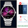 Miniatyrbillede 1 af 6: POEDAGAR Ultra Tynd Mænds Quartz Armbåndsur Vandafvisende Luksus Mærke Lysende Ur Mænd Rustfrit Stål Casual Gave purple and box