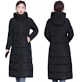 Miniatyrbillede 1 af 2: Vinterjakke med hætte til kvinder, lang over knæ, varm tyk polstret jakke, dunjakke i casual BLACK BLACK 4XL