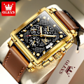 Miniatyrbild 1 av 5: Olevs Toppmärken Ny fyrkantig klocka Multifunktionskronograf läderrem Vattentät Mode Business Armbandsur för män black gold brown