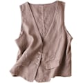 Miniatyrbillede 1 af 5: Dame Bomuldslinnevest Casual Løstsiddende V-hals Ærmeløs Veste Jakke Khaki XL Khaki