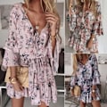 Miniatyrbillede 4 af 5: Damen Boho Minikleid Blumen Sommerkleid Tunikakleid Freizeitkleid Skaterkleid, rosa, XL