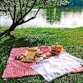 Miniatyrbillede 2 af 5: Lantlig flettet picnic kurv med låg og håndtag og foder til picnic, fester og grill